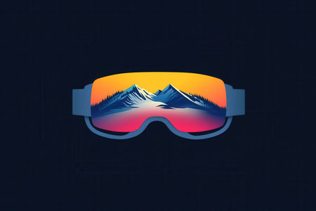 Ski goggles feature a colorful reflection of towering, snow-covered mountains at dusk, emphasizing a winter adventure vibe.の素材