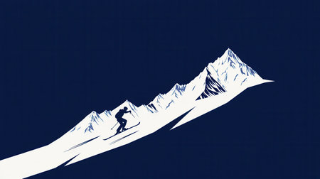 A skier silhouette is depicted descending a snowy slope, showing the thrill of skiing in a winter mountain landscape.の素材