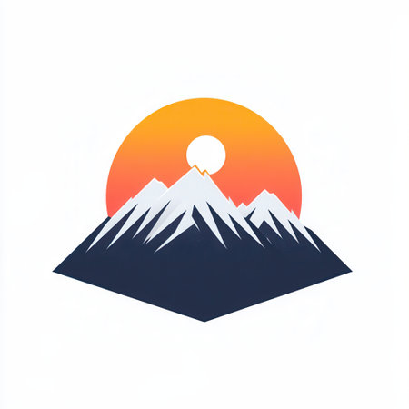 The design captures a minimalist representation of snow-covered mountains illuminated by a soft sunrise, symbolizing tranquility and adventure.の素材
