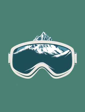 Ski goggles showcase a sleek design with a reflection of majestic snow-covered mountains, symbolizing winter outdoor activities.の素材