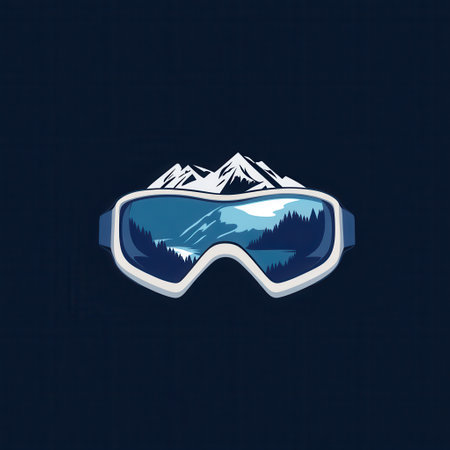 Ski goggles reflect stunning snow-covered mountains, portraying a vibrant winter landscape in a minimalist design.の素材