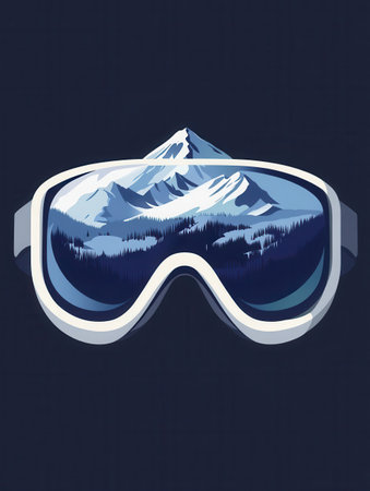 Ski goggles showcase a breathtaking reflection of majestic mountains blanketed in snow, capturing the thrill of winter sports.の素材