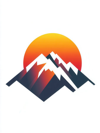 Stylized representation of snow-covered mountains beneath a bright sun, capturing the essence of dawn and outdoor adventure.の素材