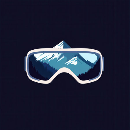 Ski goggles feature a unique design showcasing a reflection of majestic snow-covered mountains, emphasizing a winter sports theme.の素材