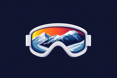 Stylish ski goggles feature a vibrant reflection of snow-capped mountains under a colorful sunset, embodying winter sports excitement.の素材