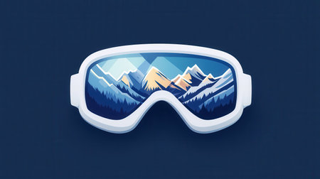 A sleek design showcases ski goggles with reflections of majestic snow-covered mountains, capturing the essence of winter sports.の素材