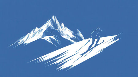 A skier silhouette gracefully descends a steep mountain slope, captured in a minimalist style with a vibrant blue backdrop.の素材