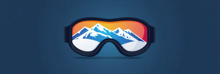 A sleek logo of ski goggles showcases a stunning reflection of snow-covered mountains, capturing the essence of winter sports.の素材