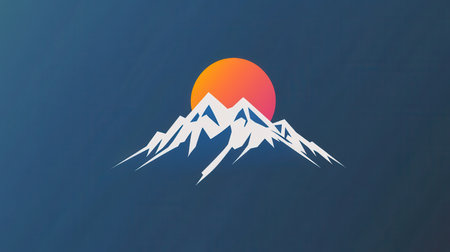 The design features a simple representation of mountains topped with snow, illuminated by a colorful sunrise in the background.の素材