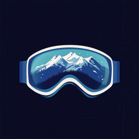Ski goggles reflect majestic snow-covered mountains against a clear winter sky, highlighting the beauty of the alpine landscape.の素材