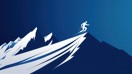 A skier silhouette navigates a snow-covered mountain descent, highlighting the thrill of winter sports and alpine adventure.の素材