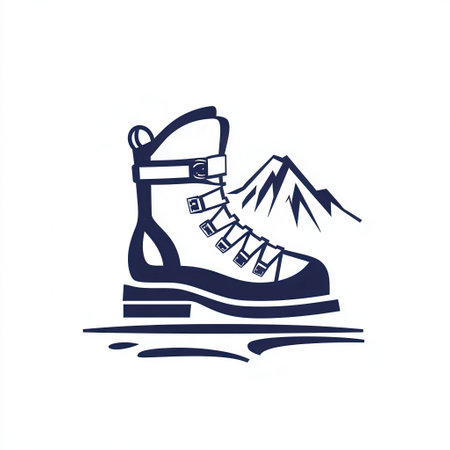 A sleek ski boot stands prominently on a snowy path, representing winter sports in a beautiful alpine setting.の素材