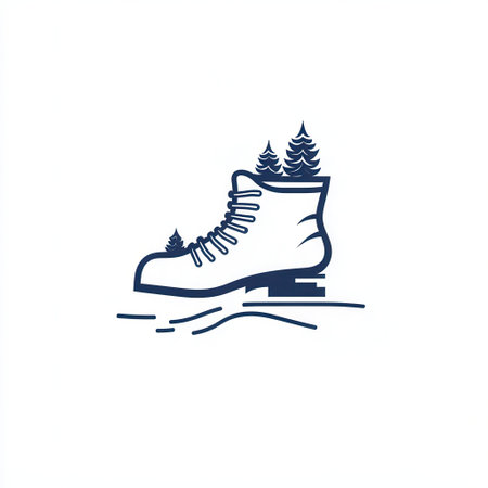 A minimalist logo depicting a ski boot resting on a snowy trail surrounded by pine trees, emphasizing winter sports and nature.の素材