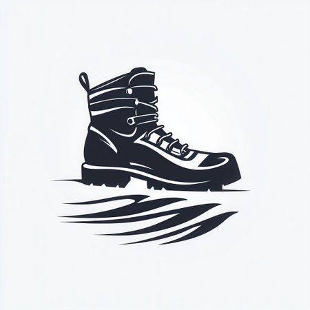 A simple and sleek logo features a ski boot positioned on a snowy trail, embodying winter sports and adventure.の素材
