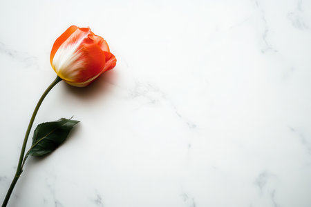 A colorful tulip lies gracefully against a pristine marble background, capturing the beauty of simplicity and elegance.の素材