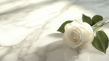 A delicate white rose rests peacefully on an elegant marble surface, illuminated by gentle natural light, capturing a moment of serene beauty.の素材