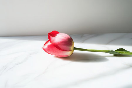 A vibrant pink tulip reclines elegantly on a smooth white marble surface, illuminated gently by natural light from a nearby window.の素材