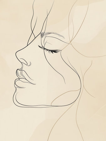 A refined silhouette captures the essence of a woman's face with graceful lines and a serene expression, showing casing artistry and elegance.の素材