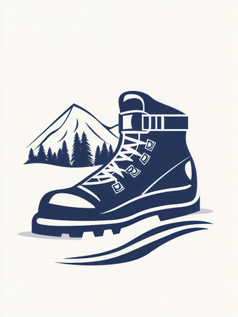 A stylish ski boot design stands prominently on a snowy trail with a majestic mountain backdrop, capturing the essence of winter sports.の素材