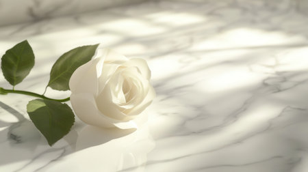 A single white rose rests gently on a flawless white marble surface, illuminated by gentle sunlight creating a serene atmosphere.の素材