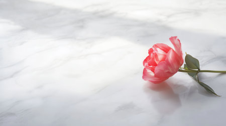 A delicate tulip lies on a smooth white marble surface, capturing the essence of simplicity and beauty in an uncluttered setting.の素材
