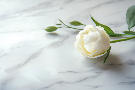 A solitary white rose gently lies on a smooth white marble surface, showing simplicity and elegance in a serene setting.の素材