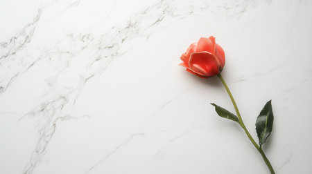 A delicate stem of a rose lies elegantly on a smooth white marble surface, showing simplicity and beauty in design.の素材