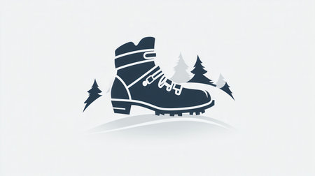 A minimalist design features a sleek ski boot positioned on a snowy trail, bordered by tall pine trees in a winter setting.の素材