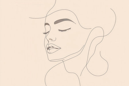This artwork features a minimalist silhouette of a woman's face, drawn with smooth lines that convey elegance and serenity.の素材