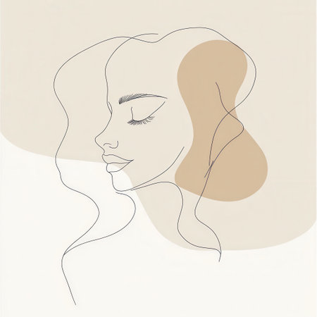A graceful outline of a woman's face features flowing lines and muted colors, creating a calm and sophisticated aesthetic.の素材