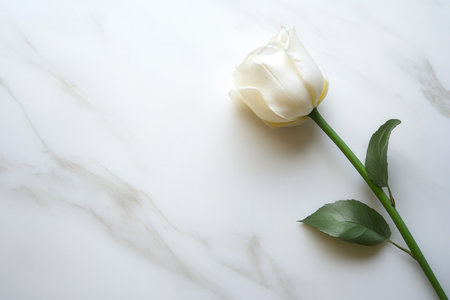 A delicate white rose lies gently on a clean, polished marble surface, creating an elegant and serene atmosphere.の素材