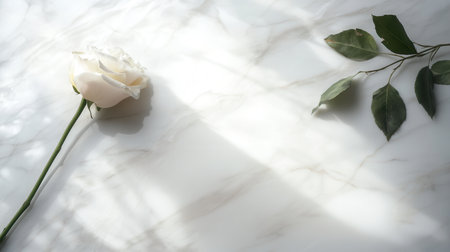 A soft, delicate rose lies gracefully on a smooth white marble surface, highlighting its beauty in serene natural light and minimalism.の素材