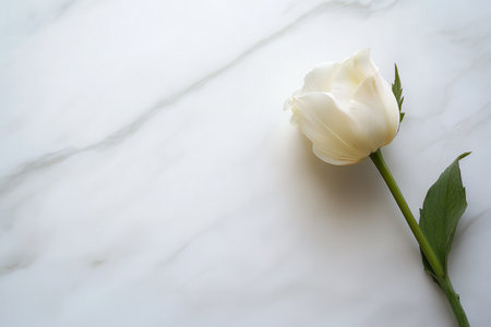 A white rose lies on a pristine marble surface, emphasizing simplicity and elegance in a tranquil environment.の素材