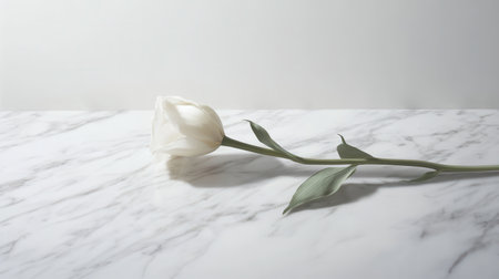 A delicate rose rests gently against the pristine white marble, embodying simplicity and elegance in soft natural light.の素材