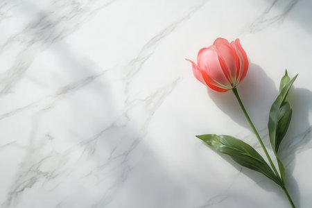 A delicate pink tulip lies elegantly on a marble surface, illuminated by soft natural light, creating a serene and tranquil mood.の素材