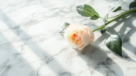A single stem rose rests on a smooth marble surface, taking in gentle, warm light that highlights its soft petals and green leaves.の素材