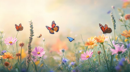 Colorful butterflies flutter around a lively bouquet of wildflowers in a sunny, tranquil meadow filled with natural beauty.の素材