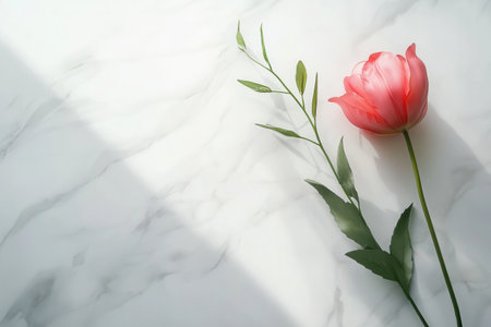A delicate pink tulip with green leaves rests gracefully on a gleaming white marble surface, softly lit by natural sunlight.の素材