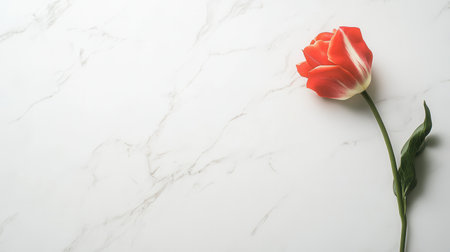 A single, vibrant tulip stem lies elegantly on a smooth white marble surface, showing its beauty in natural light.の素材