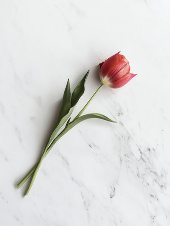 A delicate tulip lies gracefully on a smooth white marble surface, showing the beauty of simplicity and nature.の素材