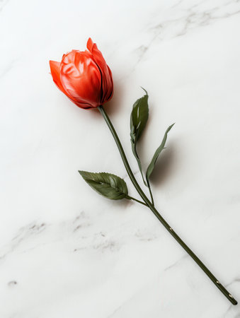 A vibrant rose lies delicately on a smooth white marble surface, highlighting its beauty in a minimalist and serene setting.の素材