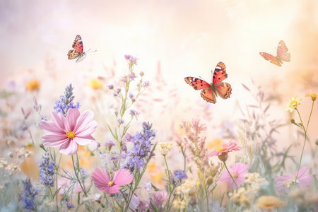 Butterflies flit among a lively bouquet of wildflowers in a peaceful, sunlit meadow, capturing the essence of a beautiful day.の素材