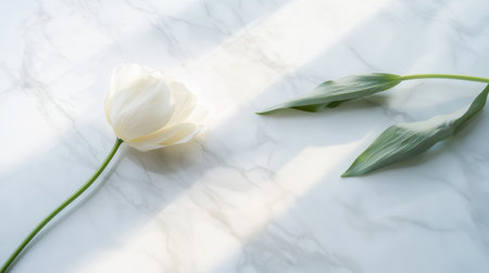 A delicate white tulip lies gracefully on a flawless white marble surface, enhanced by gentle natural light and a tranquil atmosphere.の素材