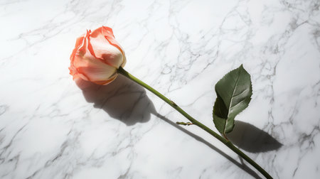 A delicate rose lays gracefully on a clean white marble surface, illuminated by warm natural daylight, highlighting its beauty.の素材