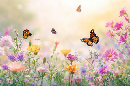 Colorful wildflowers bloom as butterflies flutter joyfully around them in a sunny meadow filled with seasonal beauty.の素材