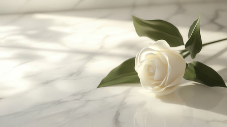 A single white rose rests on a smooth white marble surface, illuminated by gentle natural light that enhances its beauty.の素材