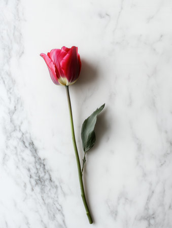 A single tulip, vibrant and fresh, lies gracefully on a white marble surface, illuminated by gentle natural light.の素材