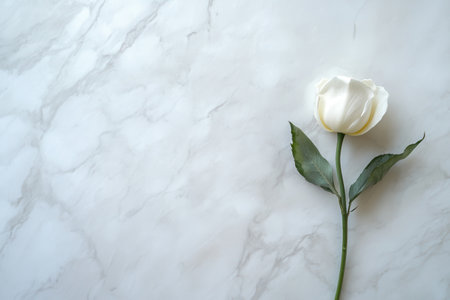 A white rose lies gracefully on a polished marble surface, creating a tranquil and elegant atmosphere for reflection and appreciation.の素材