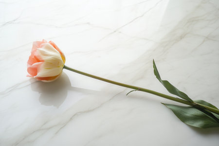 A vibrant rose rests gracefully on a flawless white marble surface, showing its beauty in a minimalist arrangement.の素材