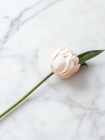 A single pale pink tulip lies gracefully on a white marble countertop, creating a calm and elegant atmosphere.の素材